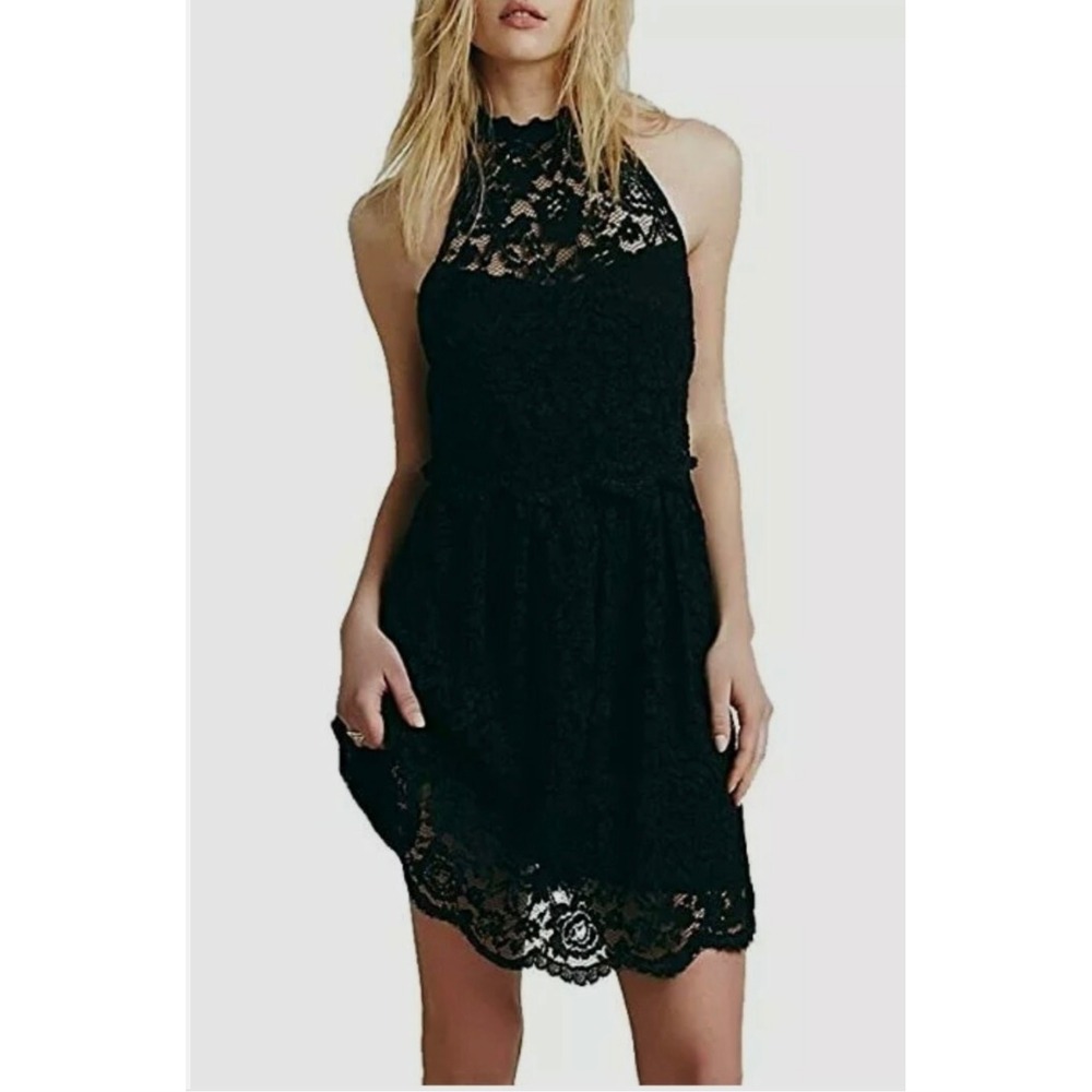 M5 Free People Black Lace Lost In A Dream Twofer Halter Mini Dress Sz 2